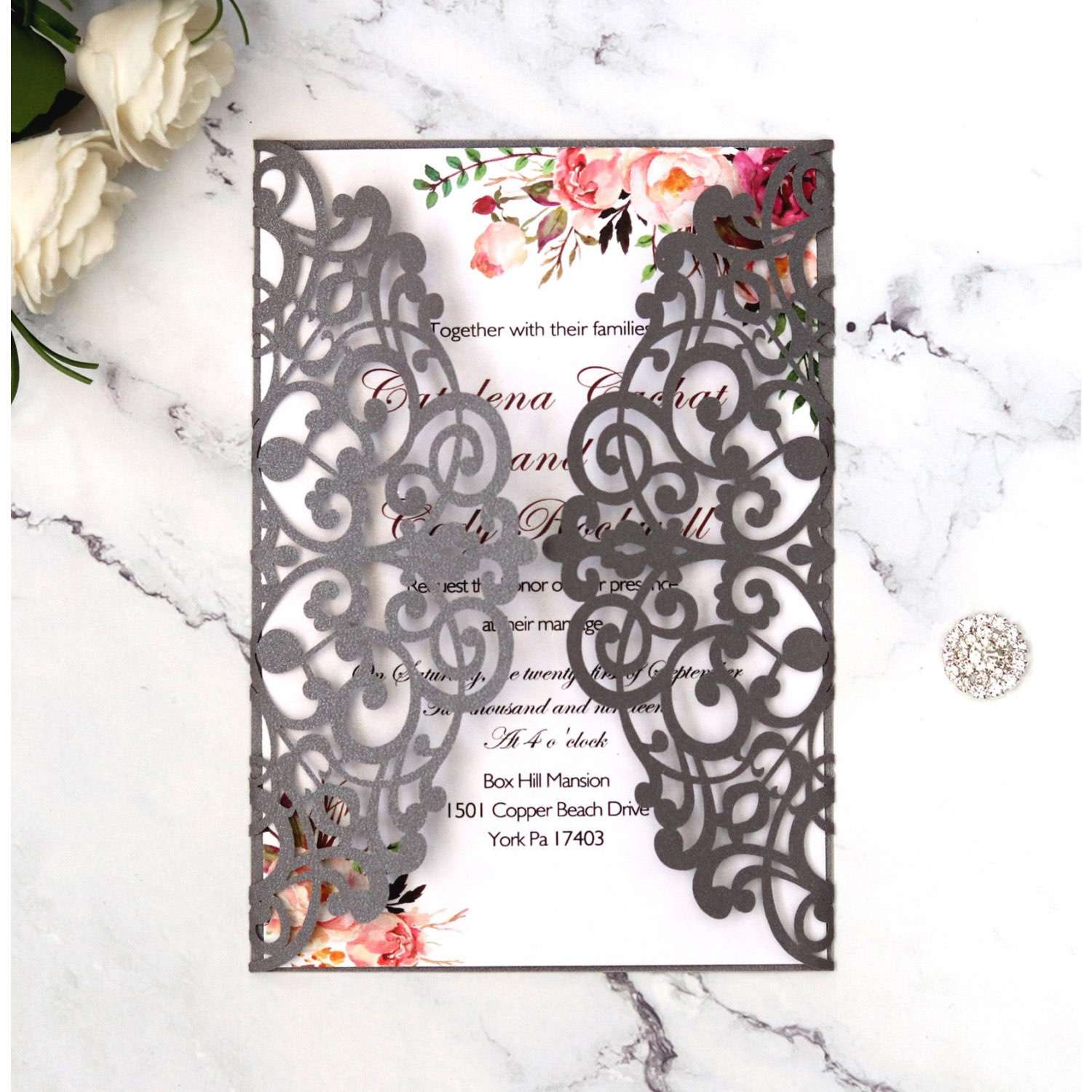 Wine Red Wedding Invitation Card With Ribbon Holiday Greeting Card Laser Cut